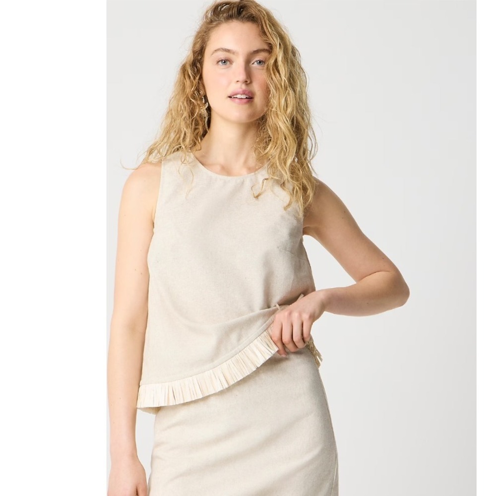 J. Crew‎ Linen Blend Tank Top Pleated Straw Like Hem Cream Size S NWT $98
